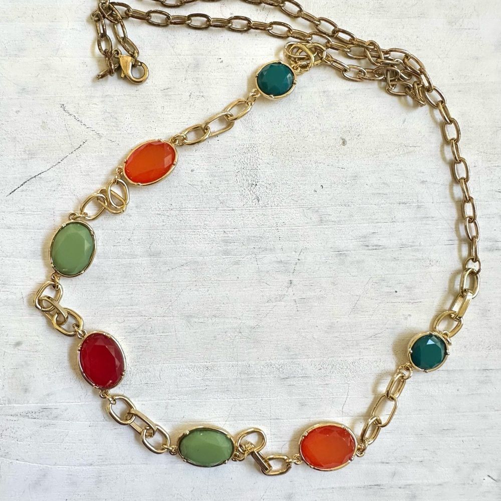 Gold tone long colorful bead necklace